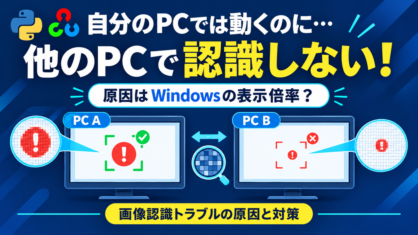 PythonとOpenCVによる画像認識が、PC Aでは成功しPC Bでは失敗する様子を示したイラスト。原因はWindowsの表示倍率の違いであることを表している