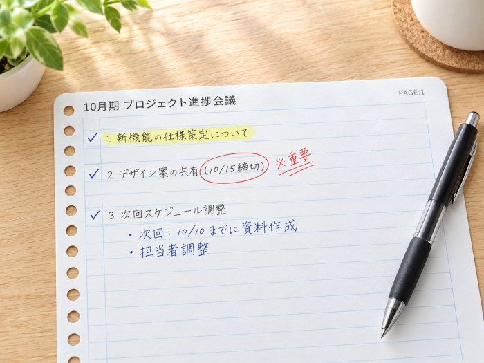印刷したルーズリーフに手書きで書き込みをした使用例写真
