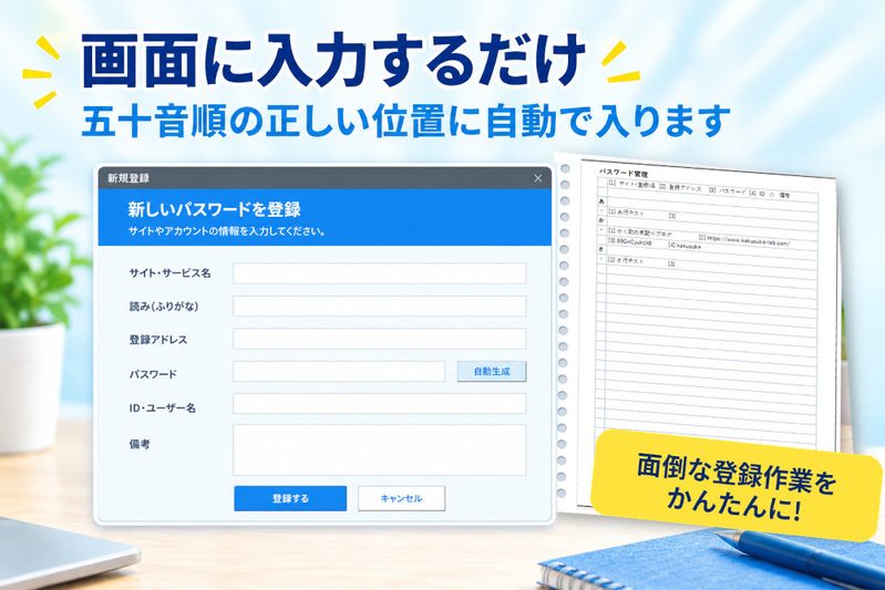 パスワード登録画面。サイト名、読み、登録アドレス、パスワード、IDを入力して登録する様子