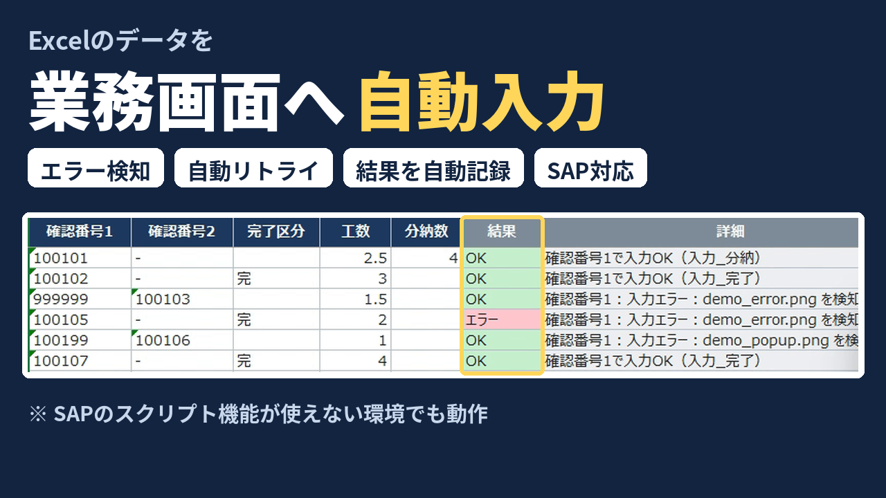 Excelのデータを業務画面へ自動入力した結果が並んだ表